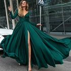 Женское вечернее платье из спандекса, элегантное зеленое платье с длинным рукавом и разрезом, для выпускного вечера