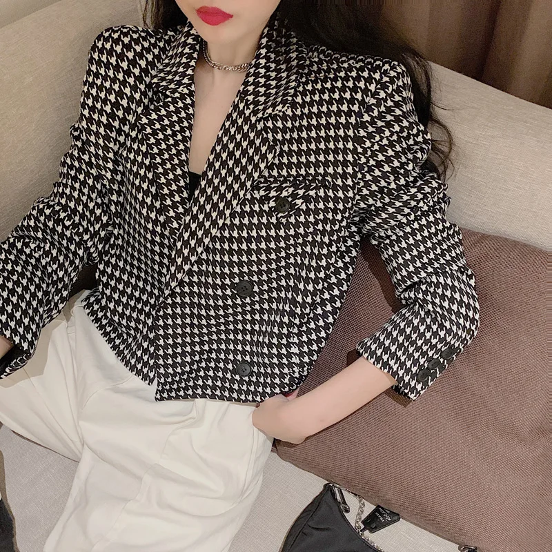 Sister Fara Spring 2021 New Notched Houndstooth Blazers Jacket Woman Single Breasted Long Sleeve Coat Autumn Office Lady Blazers