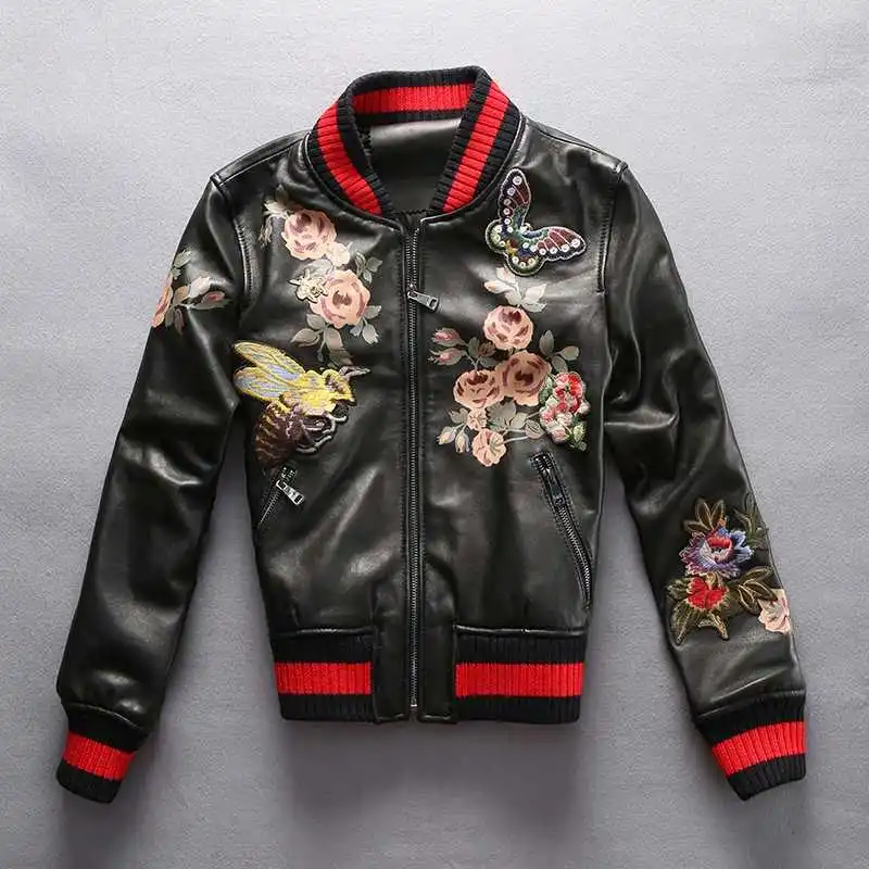 

fashion genuine leather jacket lady black sheepskin real leather coat Embroiderey slim fit women baseball clothing
