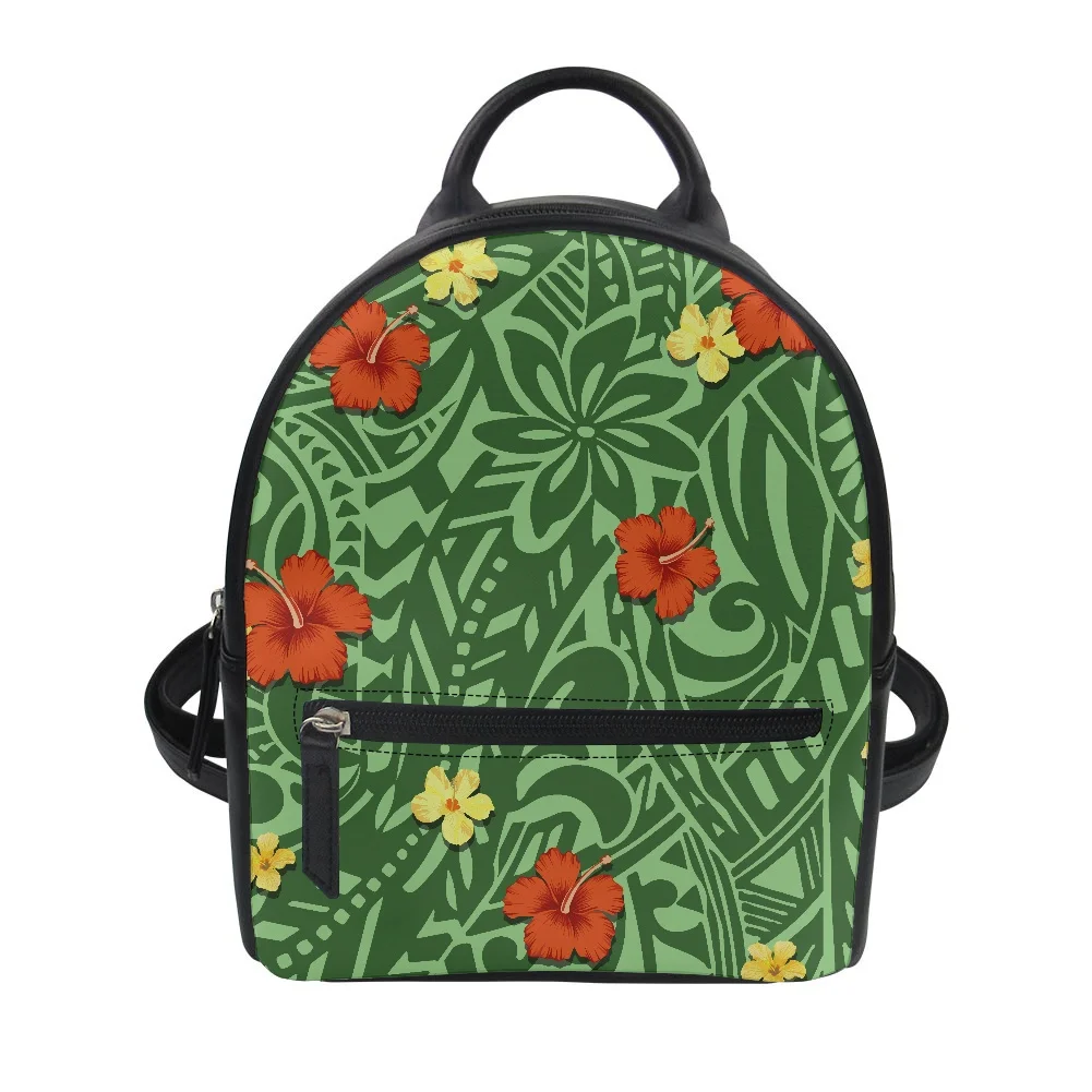 

Cumagical Small Shoulder Bags Polynesian Printing Green Tribal Print Bags Mini Leather Backpack Outdoor Leisure Backpack