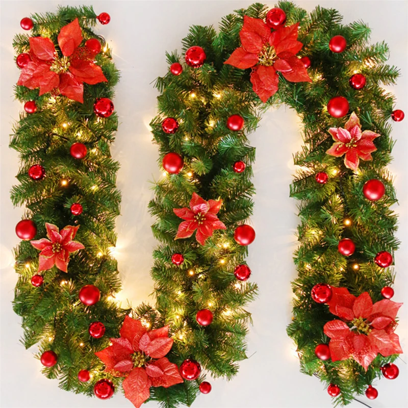 

2.7m Luxury Christmas LED Cane Wreath Decoration With Lanterns Green Artificial Christmas Tree Banner Party New Year's door Wrea