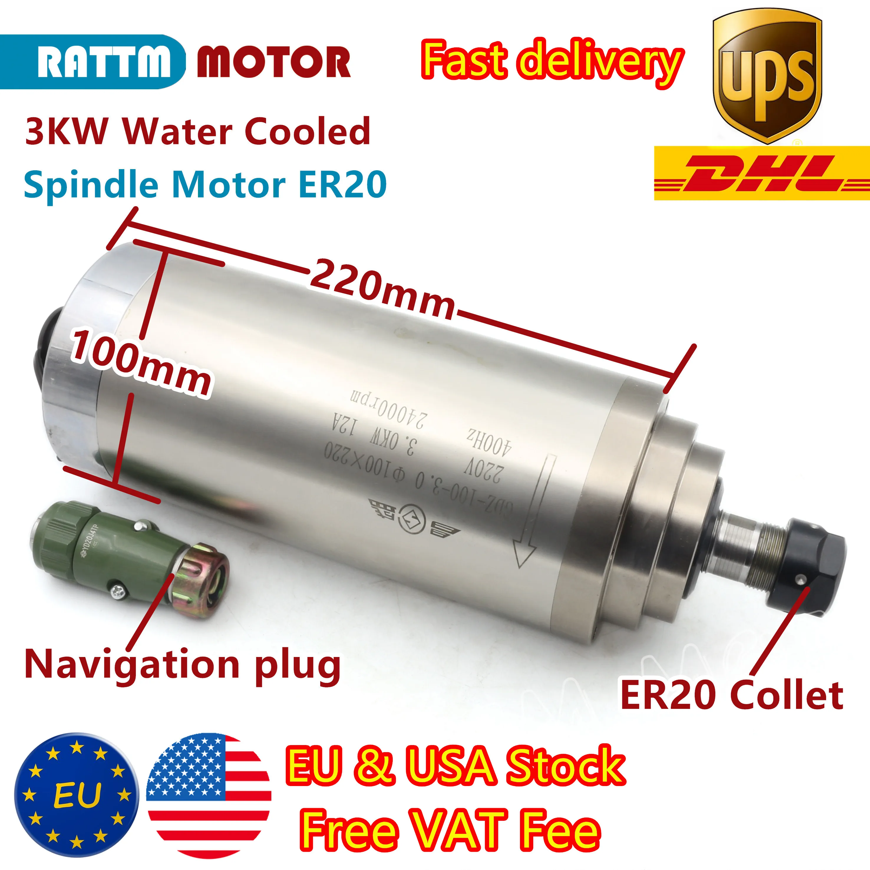 

【EU Free VAT】3KW Water Cooling Spindle Motor ER20 220V 24000rpm 100x220mm for CNC Milling Engraving Router Machine