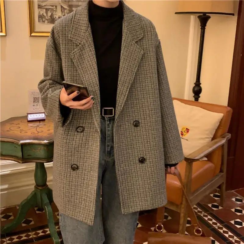 

Blazers Women Thickening Retro Plaid Fall Basic Vintage Chic Ladies Outwear Notched British Style Fashion Female Clothing Spring
