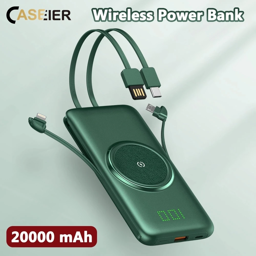 CASEIER Power Bank 20000 мАч беспроводной портативный внешний аккумулятор 4 кабеля 10000 банки