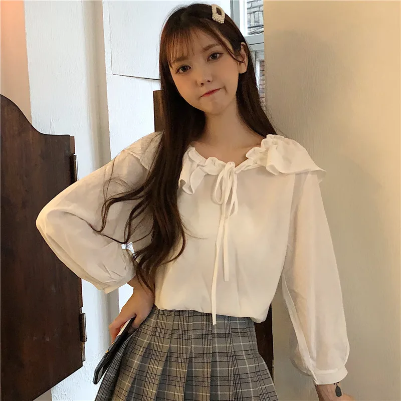 Женская одежда с бантом однотонная гофрированная рукавами-фонариками милый