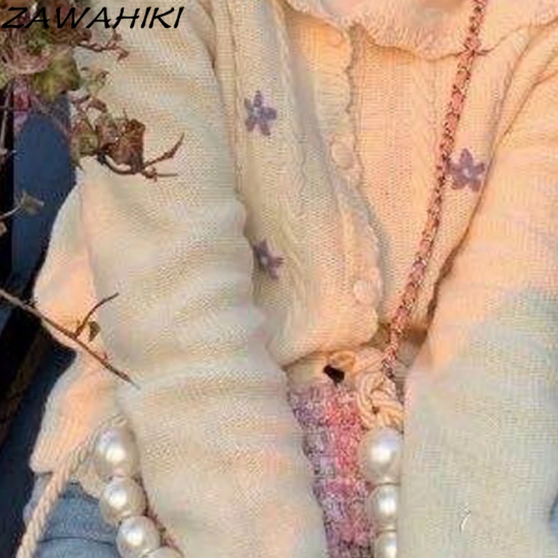 

ZAWAHIKI Fashion Korean Tops for Women Loose Flowers Embroidery Sweet Sweater Casual Vintage Long Sleeve Cardigan Autumn Jumpers