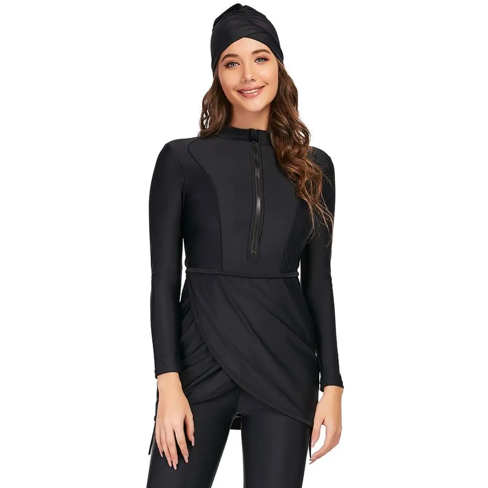 

2022 new Long sleeve solid black Muslim Swimwear Womens Muslim Swimsuit Burkini