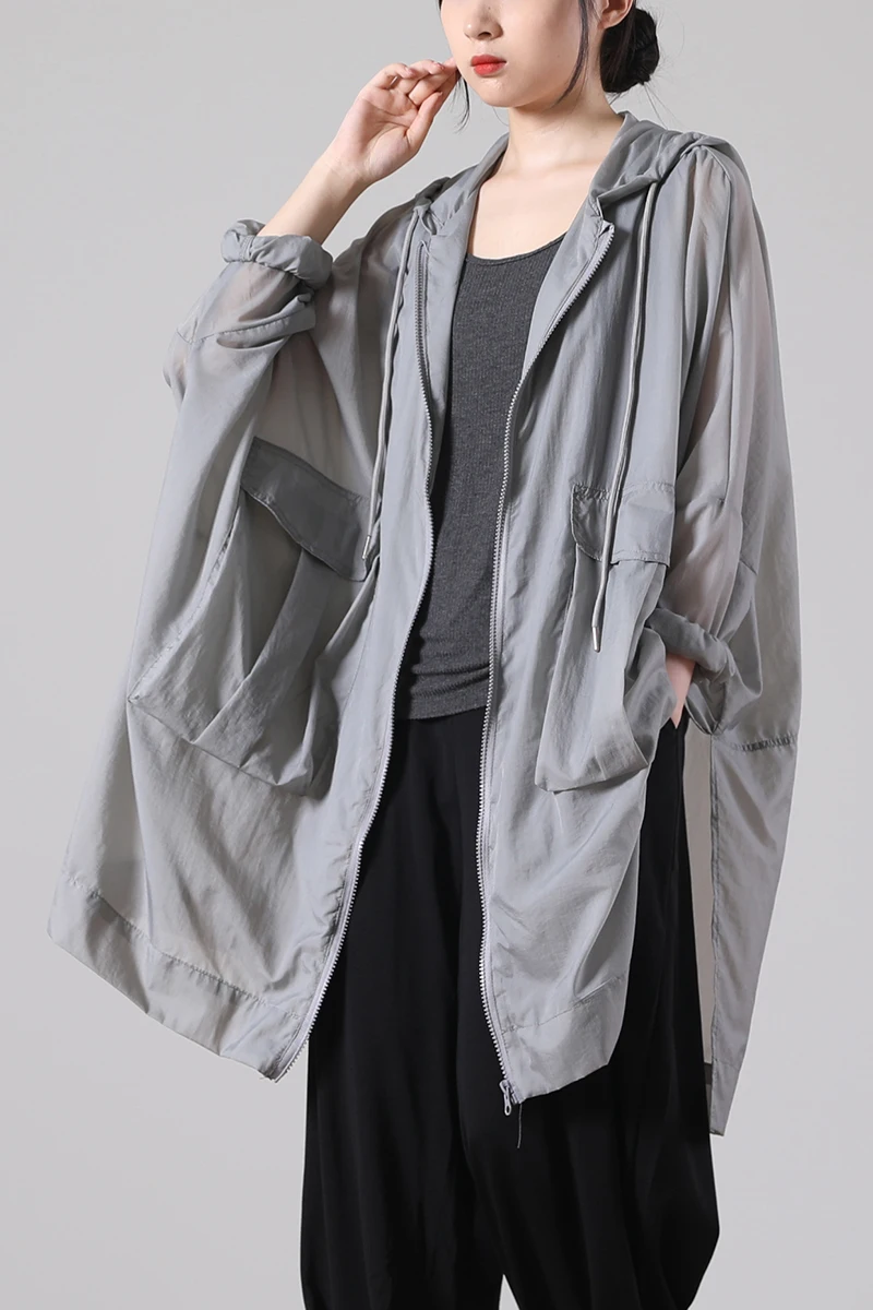 

SuperAen Summer 2021 New Loose Plus Size Solid Hooded with Split Hem Medium Length Sunscreen Coat Women Clothes