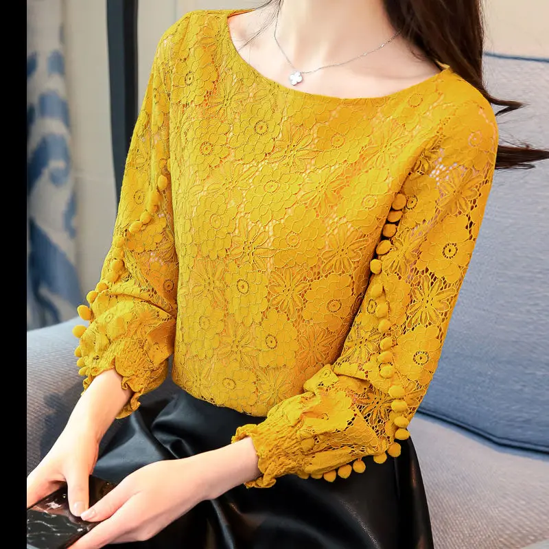 

Women's Spring Autumn Style Lace Blouses Shirt Women's Hollow Out O-Neck Embroidery Solid Color Lace Tops DD9003
