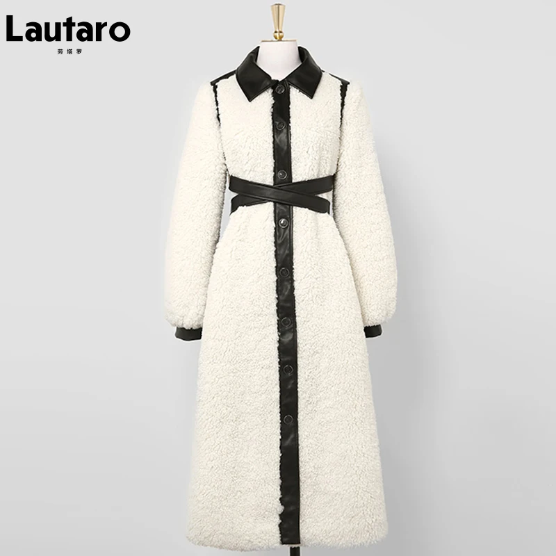 Lauraro Зимние длинные теплые пушистые кожаные шубы в стиле пэчворк из