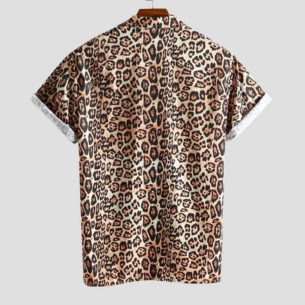 

Men's Shirts Leopard Printed Blouse 2020 Summer Short Sleeve Shirts Tops Male Casual Loose Chest Pocket Plus Size Basic Shirts