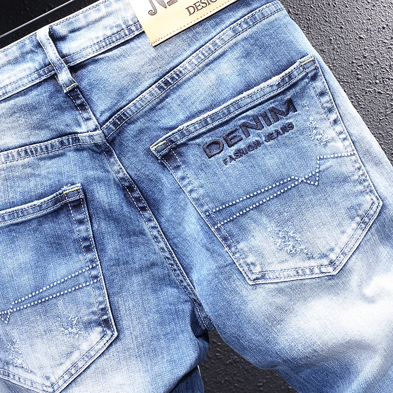 Newly Vintage Fashion Men Jeans Retro Light Blue Elastic Slim Fit Ripped Jeans Men Embroidery Designer Casual Plain Denim Pants