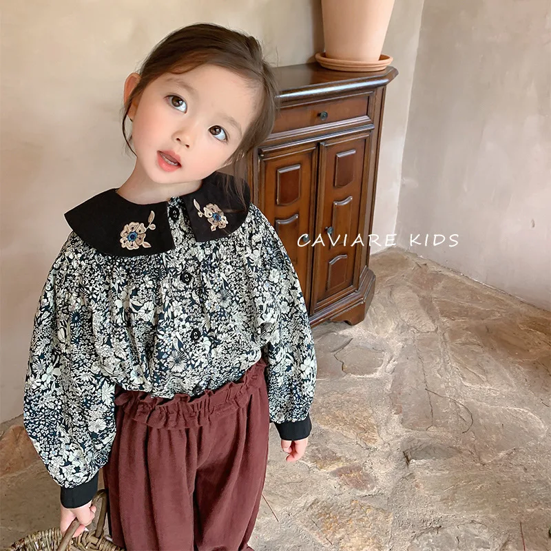 

Children Clothes Korean New Contrast Collar Shirt Girls Long Sleeve Printing Top