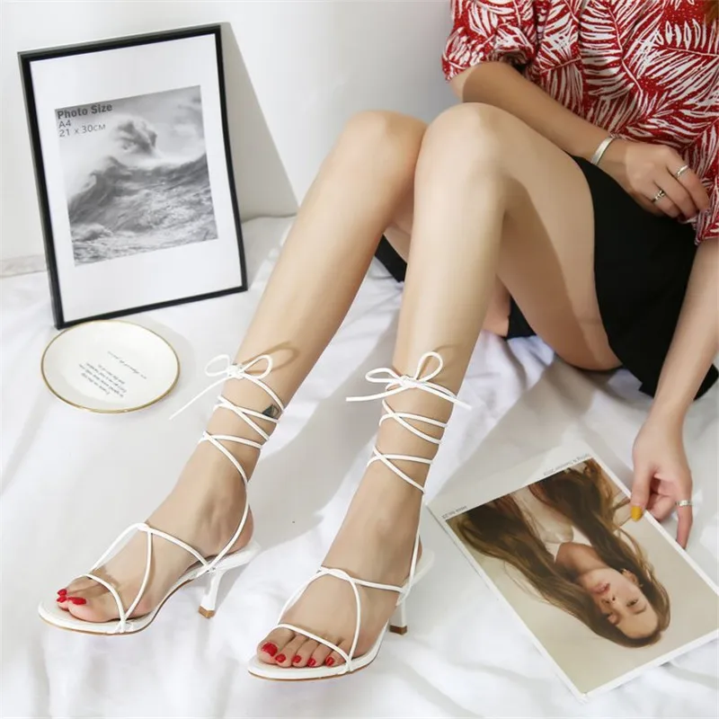 Босоножки женские из ПУ кожи, высокий каблук, пикантные гладиаторы, ремешки на щиколотке, открытый носок, вечерние туфли-лодочки, hj78, на лето