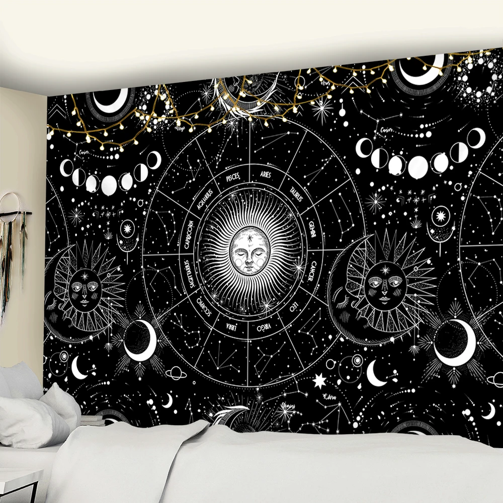 

Wit Zwart Sun Moon Mandala Sterrenhemel Tapijt Muur Opknoping Bohemian Gypsy Psychedelische Tapiz Hekserij Astrologie Tapestry