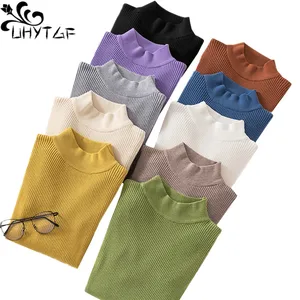 Женский свитер с длинным рукавом UHYTGF, осенне-зимний вязаный облегающий свитер, пуловер, теплые Стрейчевые короткие свитера для женщин 651