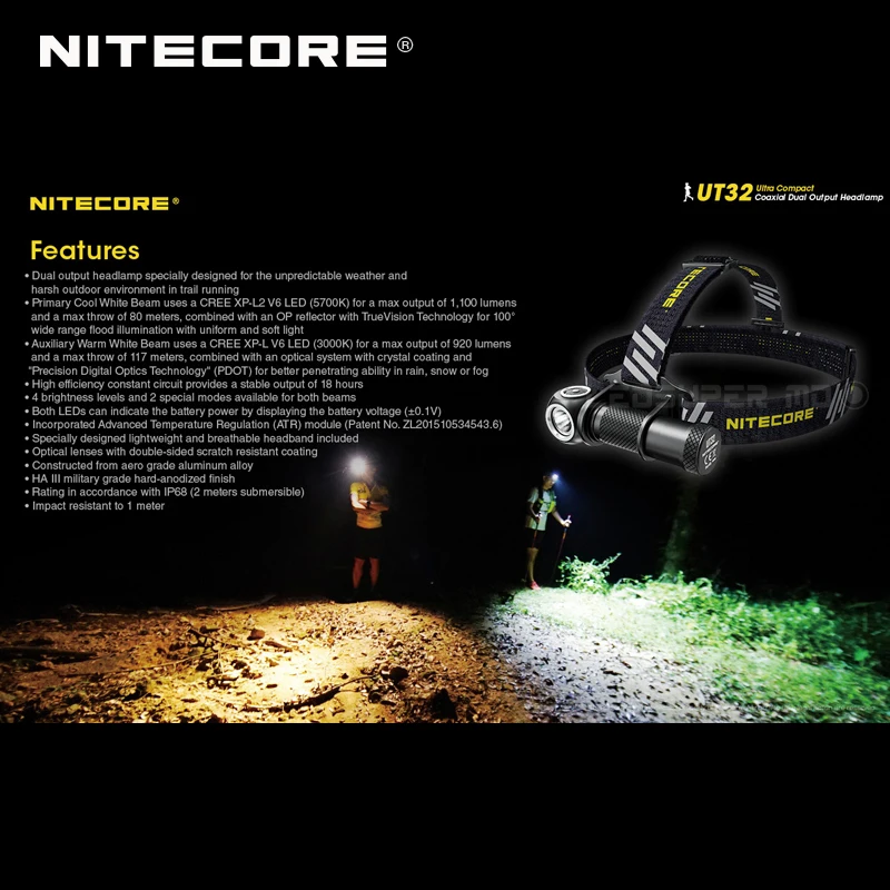 Коаксиальный двойной выход NITECORE UT32 Trail ходовая фара с CREE XP-L2 V6 5700K и 3000K светодиоды |