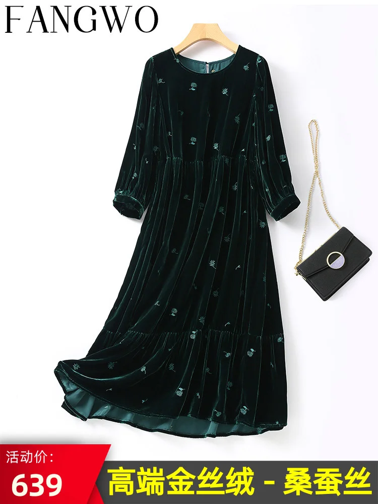 

2021 spring and autumn new high-end embroidered middle-aged velvet real silk golden velvet dress large size slim jacquard