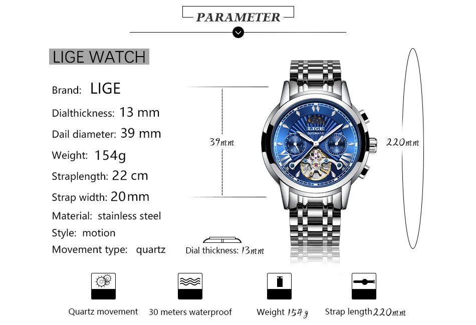 Montre Homme LIGE мужские s часы Топ люксовый бренд мода Tourbillon автоматические механические часы мужские водонепроницаемые часы со скелетом