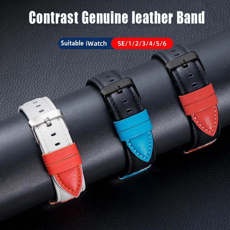 

Italy Leather strap For Apple watch band 44mm 40mm 42mm 38mm 44 mm HQ Contrast Genuine leather bracelet iWatch serie 3 4 5 6 se