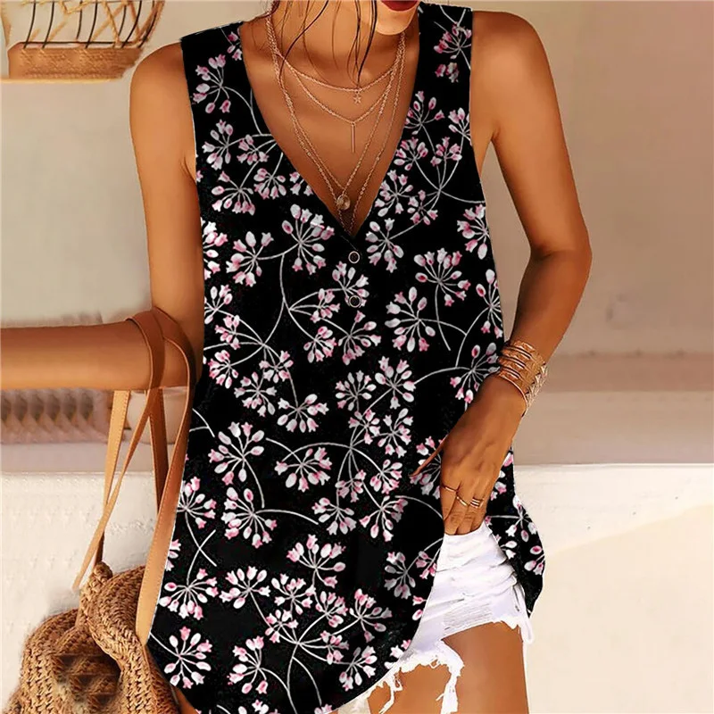 

Women Summer Casual Loose Sleeveless Vest Blouse Vintage Floral Print Tops Pullovers Female 5XL Fashion Button Shirts Streetwear