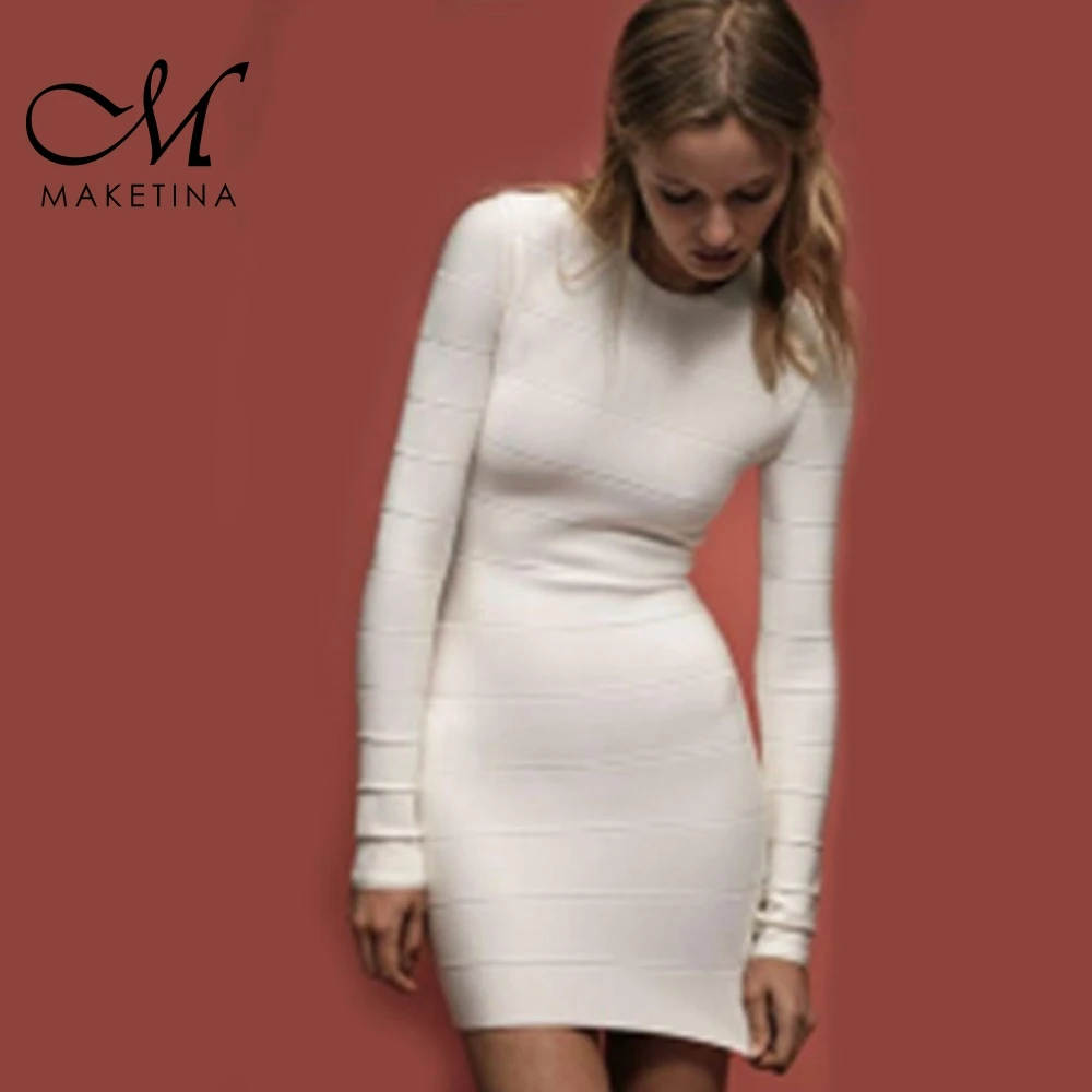 Женское облегающее платье Maketina белое элегантное мини с круглым вырезом и длинным