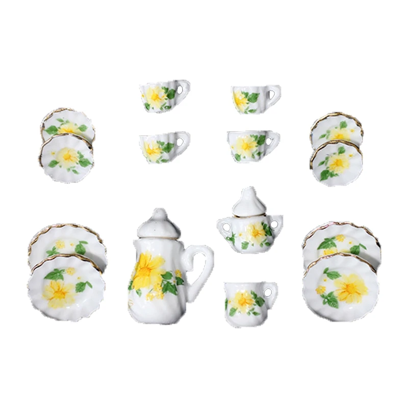 

1/6 1/12 Scale Doll House Tableware Miniature Furniture 15 Pieces Mini Ceramic Tea Set(Color and Style Are Random)