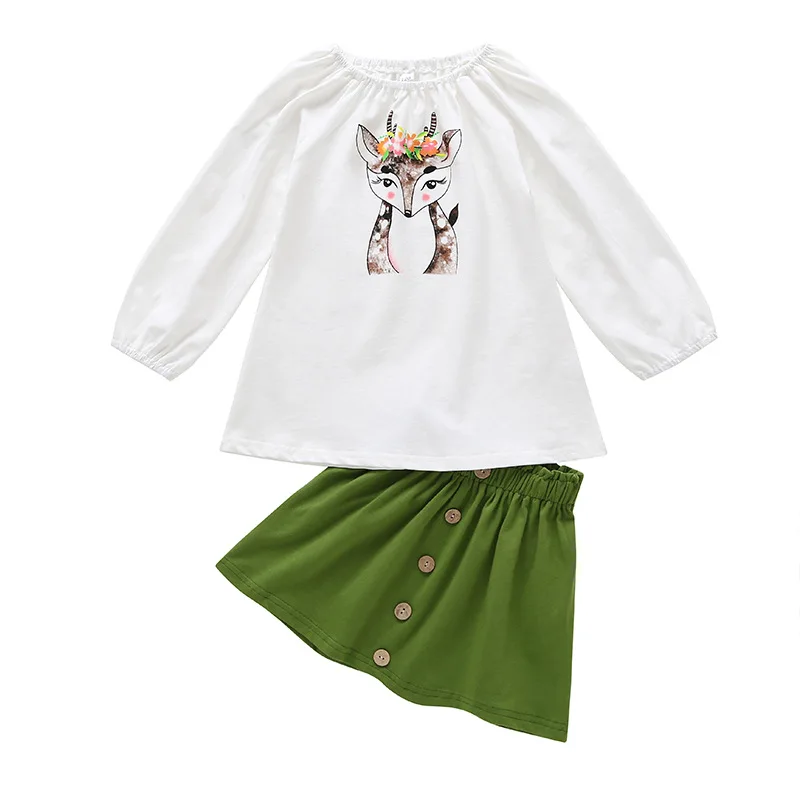 

New Spring Girls Skirtcartoon Deer Fashion Children's Long-sleeved Short Two-piece Clothes Outfits Teenage