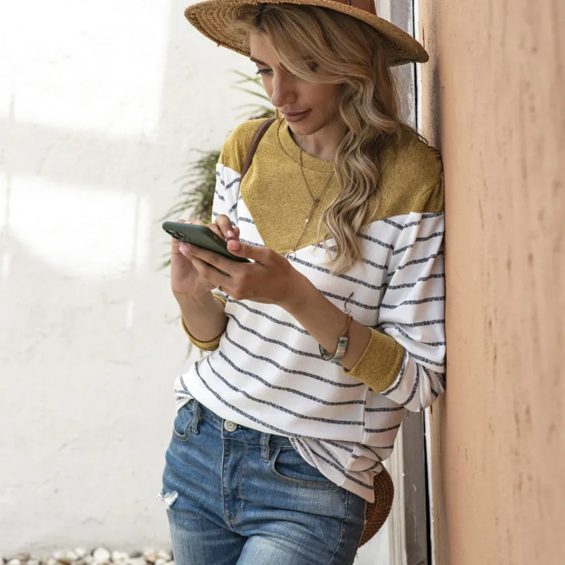 

Knitwear stripe stitching long sleeve versatile sweater large size loose fashion women's top Plush women's wear