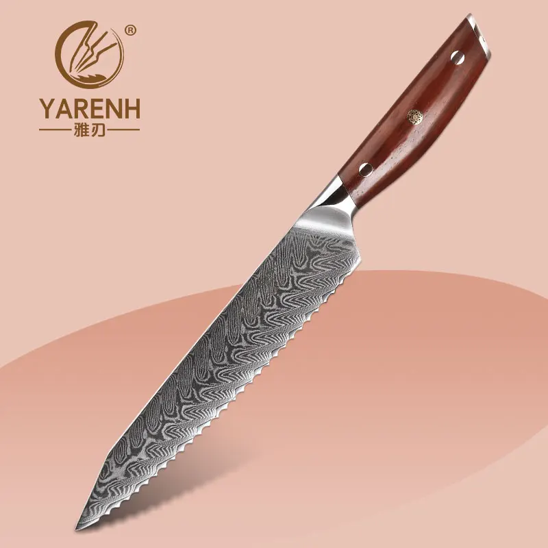 YARENH 8 Inch Bread Knife Kitchen Knives 67 Layers Damascus Steel Serrated Cutter Chef Knife Cutting Bread Cake Rosewood Handle