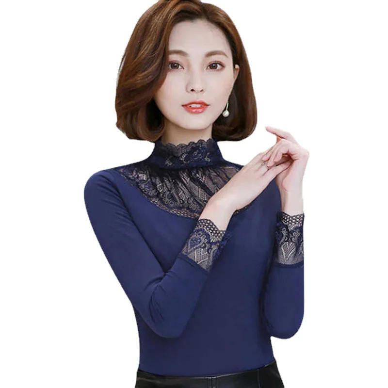 

Fleece-Lined Thickened Lace Top Women's Hollow Out Long-Sleeve T-shirt New Korean Style Slim Fit Slimming Mesh Western Shirt