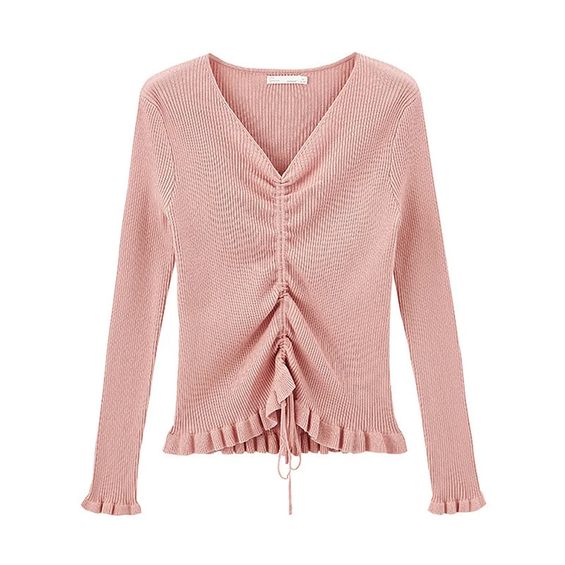 INMAN Winter Elegant Solid Color V Neck Drawstring Flower Swing Women Pullover Sweater