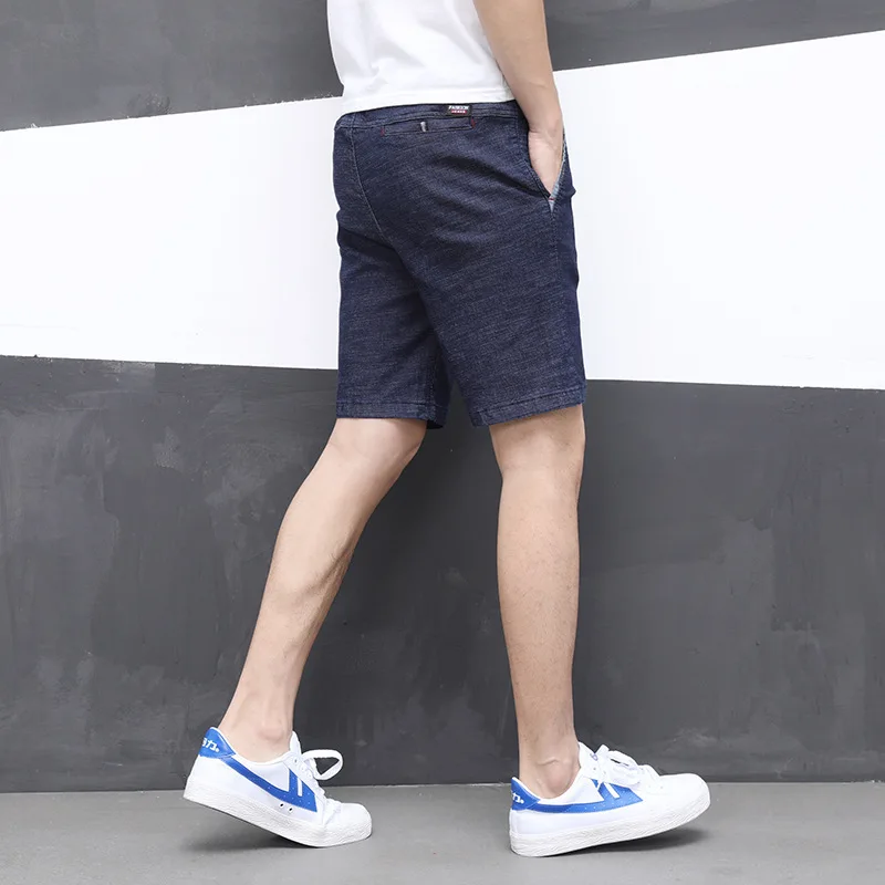 

Summer Men's Elastic Waist Thin Denim Shorts Men's Straight Slim Trend Five-point Pants Tie Shorts