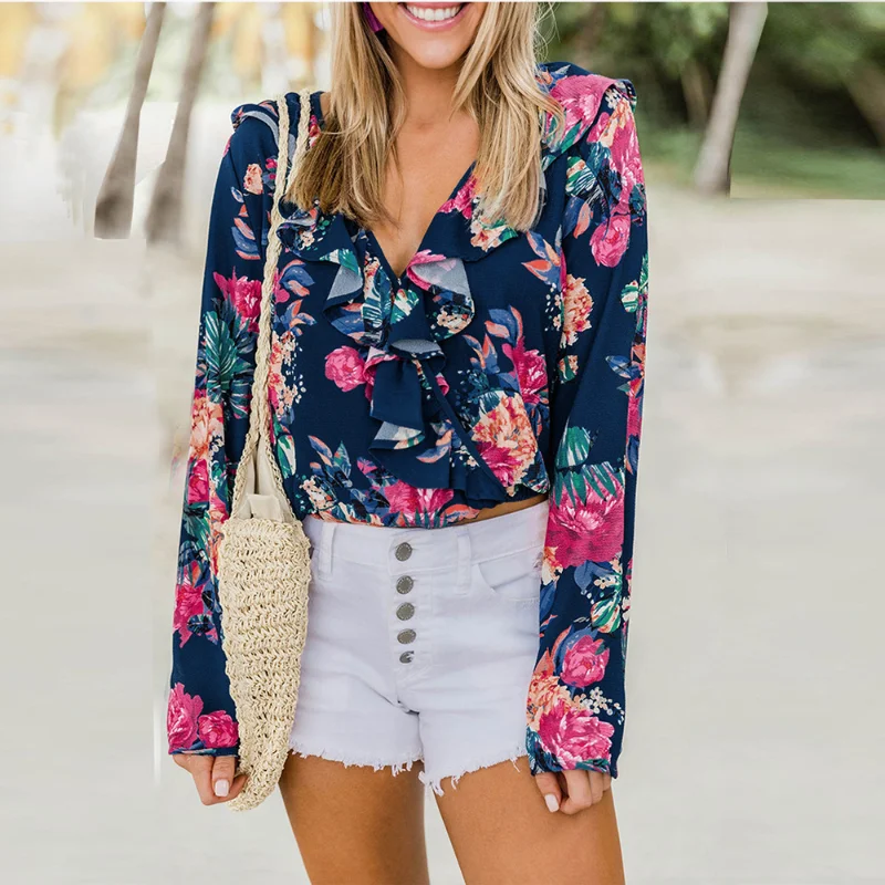 

V-neck Ruffle Gentle Top All-match Female T-shirt Autumn Long Sleeve Large Size Flower Print Elegant Loose Casual Women T-shirts