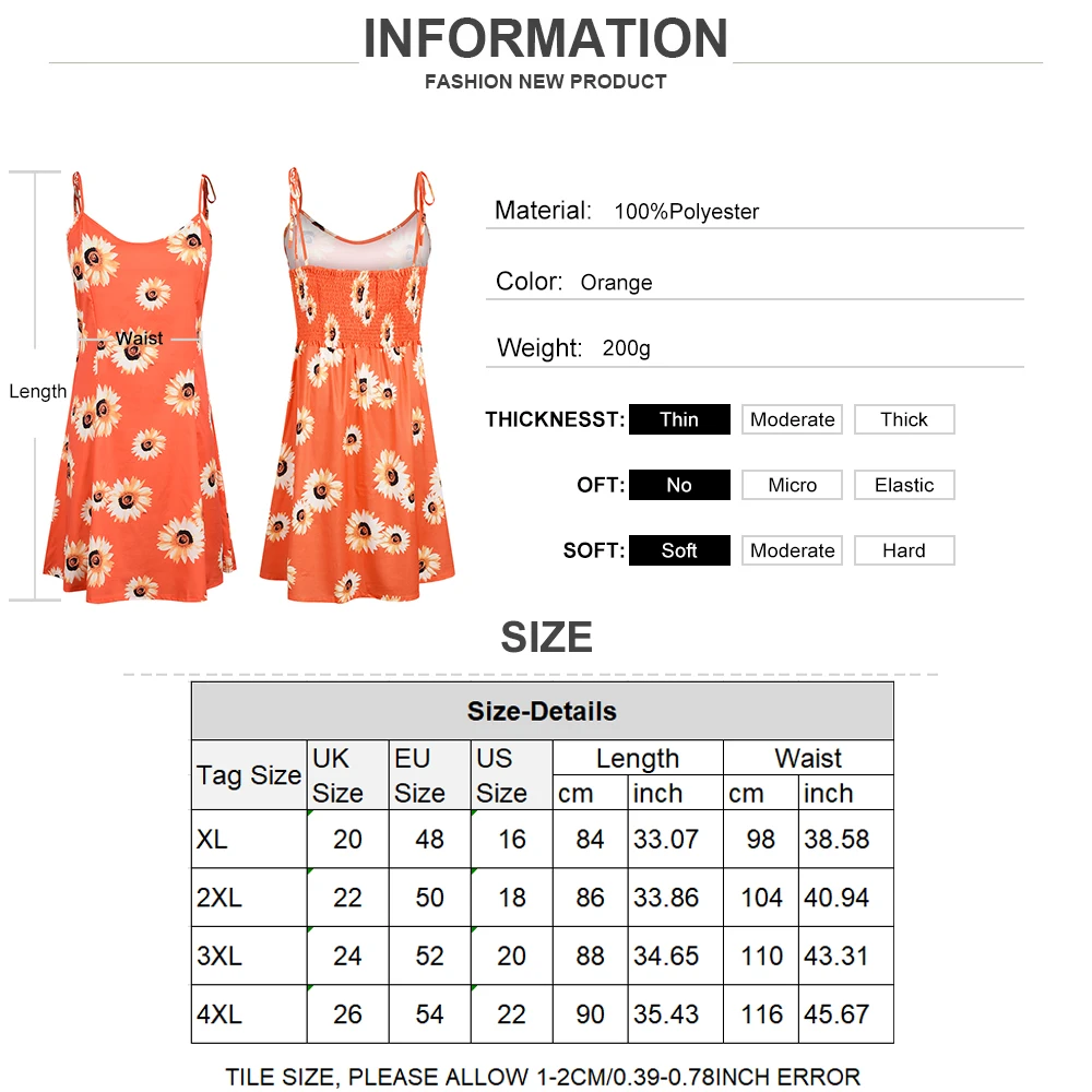 

Women Plus Size Floral Printed Casual Suspender Dress Summer Fashion Orange A-LINE V-Neck Sleeveless Elegant Oversize Dress D30