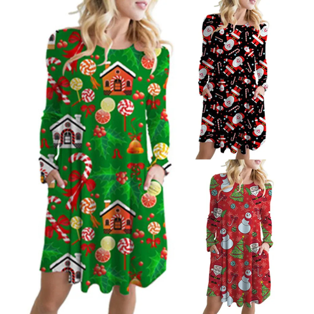 Модное женское платье рождественское с принтом Санта Клауса карманами круглым