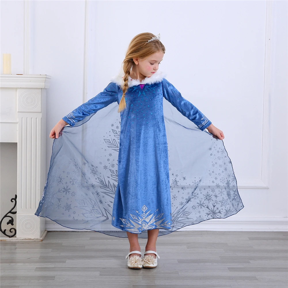 Winter Autumn Birthday Party Elsa Dress for Girls Halloween Snow Queen Snowflake Elza Costume Velve Warm with Long Tail | Детская одежда