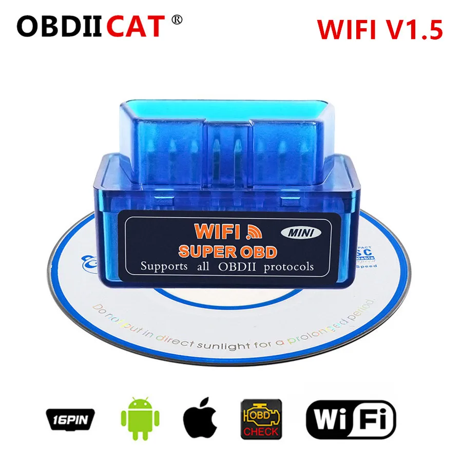 Hot Selling Blue Color Super Mini Wifi ELM327 V1.5 ELM 327 Car Diagnostic Tool OBD2 Scanner Support Android & IOS System