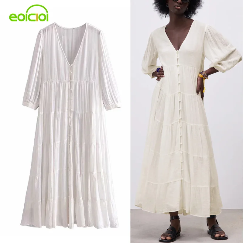 

Za 2021 Summer Dresses White Ruffle Pleated Long Dress Women Puff Sleeve Ruched Midi Dress Woman Button Casual Dresses Vintage