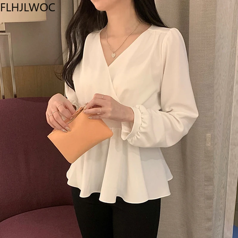 

Korea Chic Tops Blusas Women Fashion Flhjlwoc Slim Elastic Waist Belly Peplum Design Ruffled V Neck Solid White Pink Blouse