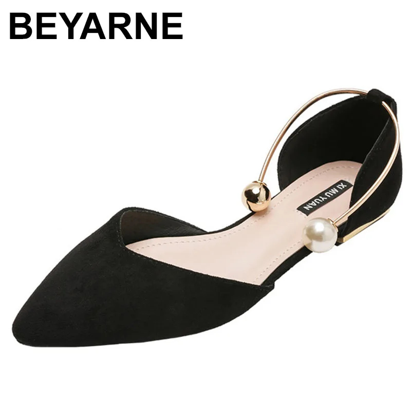 

BEYARNE Pearl Ring solid pointed toe flock ballet flats woman loafers shallow slip on shoes women party metal low heels ballerin