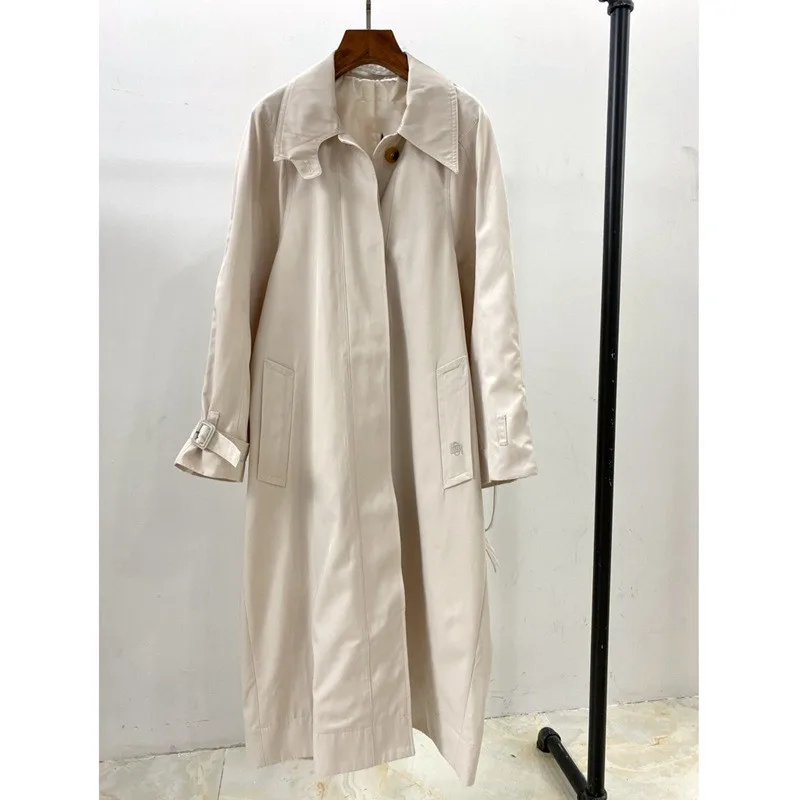 

Logo Embroidery Windbreaker Women Turn-down Collar Loose Single Breasted Lace-up Ladies Mid-length Trench Coat with Sashes