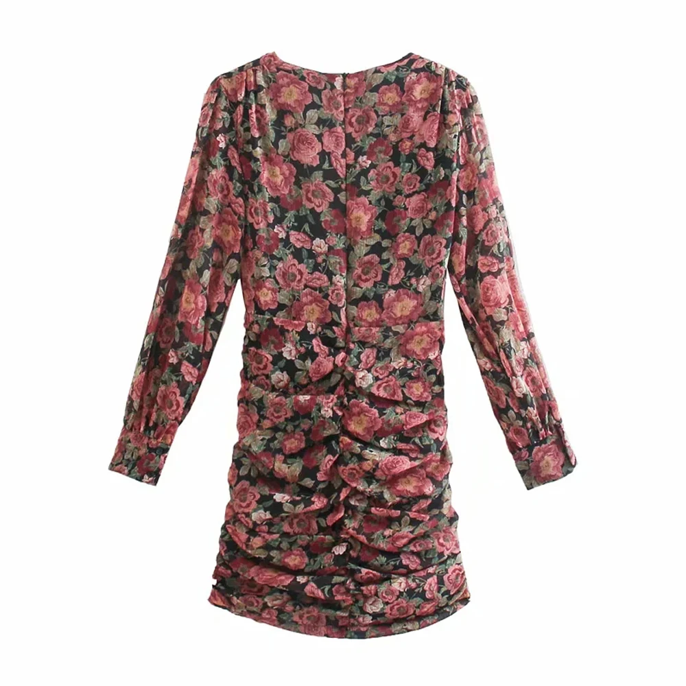 

New 2021 Women Dresses Vintage V Neck Floral Print beach Pleated sexy Mini Dress Female Pleat Puff Sleeve Casual Slim Vestido