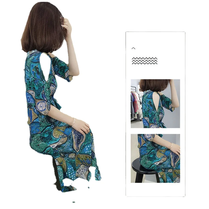 

Summer Dress For Women 2021 Fashion Sexy V Neck Maxi Dress Women A Line Short Sleeve Printing Chiffon Off Shoulder Dress