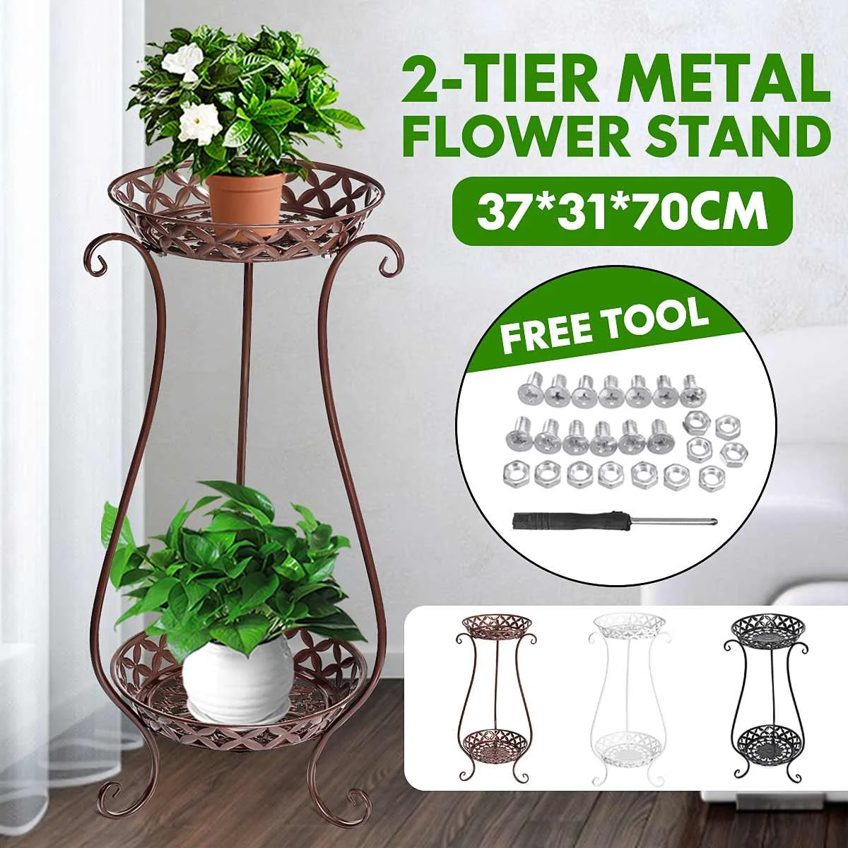 

2 Tiers Flower Stand Metal Plant Shelves Pot Stand Flower Display Shelf Garden Patio Home Outdoor Flower Tray Home Decoration