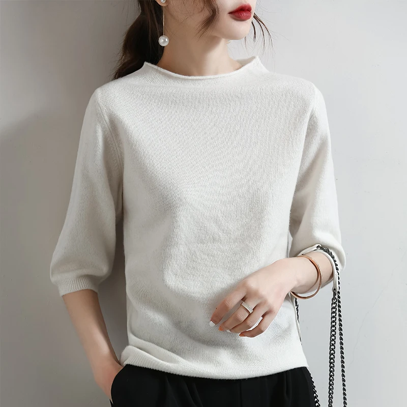 

2021 Turtleneck Sweaters Standard Women's Tops Clothes Pullovers 100% Wool Knitted Jumpers Half Sleeve Sweaters
