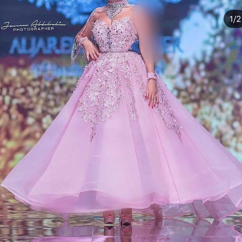 pink prom dresses 2020 lace appliques beading sequins crystal tassel ball gown evening arabic | Свадьбы и торжества