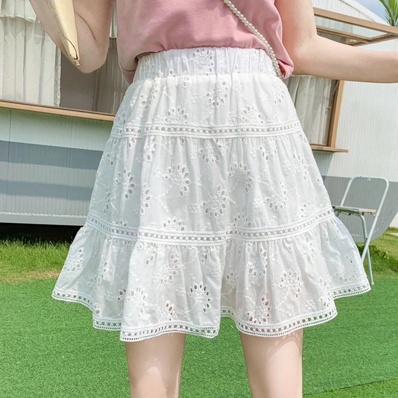 

BETHQUENOY White Pleated Hollow-out Skirts 2021 Mujer Faldas Skirt Woman Midi Jupe Femme Saias Mulher Plisada Spodnica Damska