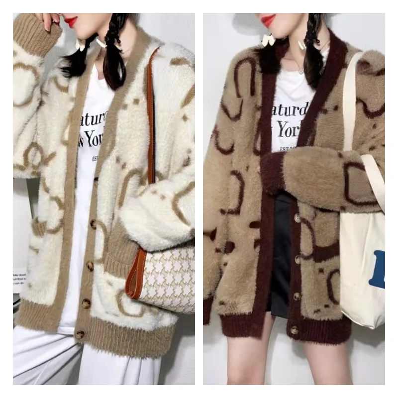 Новинка 2021 Женский жаккардовый свитер с надписью вязаный кардиган из Золотой