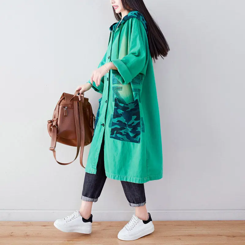 

2020 Spring New Harajuku Denim Trench Coat Female Retro Printing Casual Large Size Women's Hooded Jeans Mujer Chaqueta Fall 498